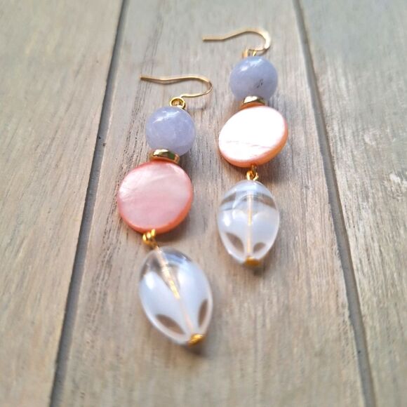 Mother of Pearl Aquamarine 18k Gold Dangle Earrings Boho Coquette Artsy Jewelry - Picture 3 of 9